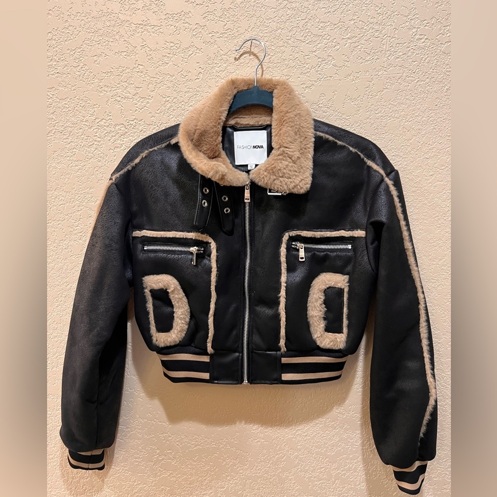 Fashion Nova Black and Tan Bomber Jacket